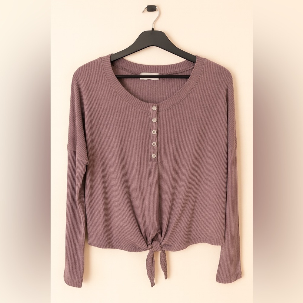 Treasure & Bond Ribbed Henley Tie Front Top Mauve Purple Size M